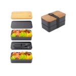 Bamboo Lid Double Layer Lunch Box With Insulated Bag And Cutlery - Black