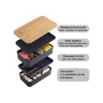 Bamboo Lid Double Layer Lunch Box With Insulated Bag And Cutlery - Black