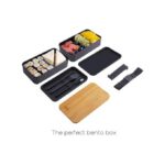 Bamboo Lid Double Layer Lunch Box With Insulated Bag And Cutlery - Black