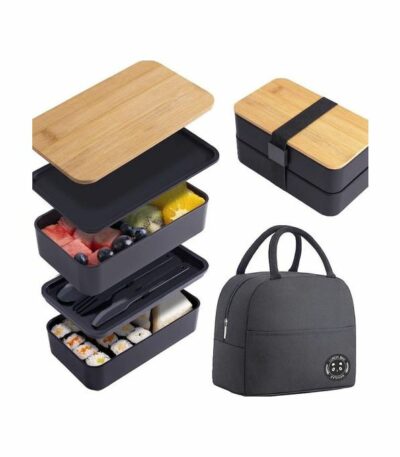 Bamboo Lid Double Layer Lunch Box With Insulated Bag And Cutlery - Black