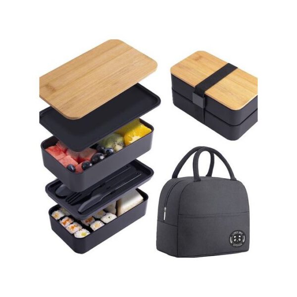 Bamboo Lid Double Layer Lunch Box With Insulated Bag And Cutlery - Black