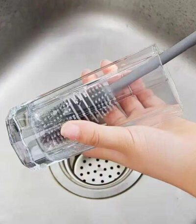 brosse de nettoyage en silicone pour avec manche pour verres, bouteilles, biberons...
