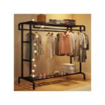 Double tringle à vêtements penderie chariot à manteau commercial portable portant à vêtements mobile grand espace avec étagères de rangement inférieures et 4 roues pour entrée...