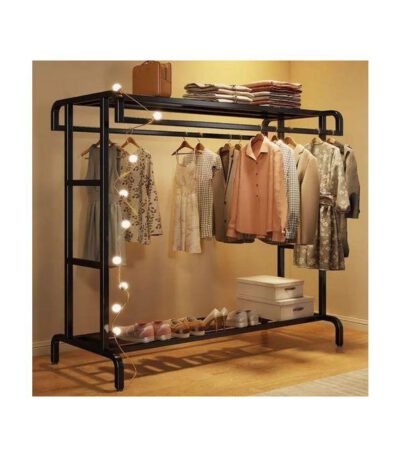 Double tringle à vêtements penderie chariot à manteau commercial portable portant à vêtements mobile grand espace avec étagères de rangement inférieures et 4 roues pour entrée...