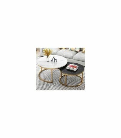 Ensemble de 2 tables basses Gigognes pour salon en metal et bois effet marbre