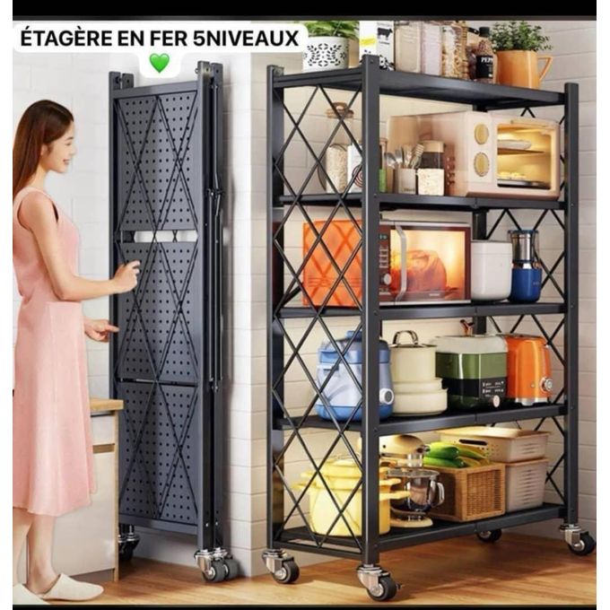 Étagère de rangement - 5 niveaux avec roulettes - Noir