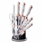 Juego de 9 cuchillos de cocina con mango agrietado blanco para cocina, juego de cuchillos de cocina antiadherentes ultra afilados con soporte acrílico, regalo para enamorados,...