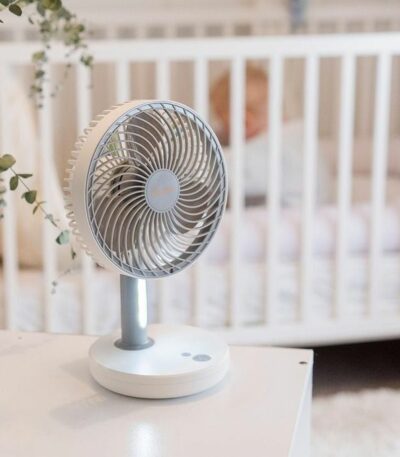 Mini Ventilateur Rechargeable - 3 vitesse avec rotation et ampoule - Blanc/Gris