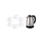 Pack: Bouilloire Électrique Haeger - 2000W - 2 Litres - Inox + Lot de 6 Tasses a Café avec Sous-Tasse - Blanc