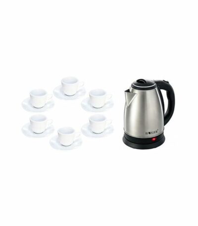 Pack: Bouilloire Électrique Haeger - 2000W - 2 Litres - Inox + Lot de 6 Tasses a Café avec Sous-Tasse - Blanc