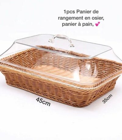 Panier à pain carré en rotin avec couvercle en acrylique