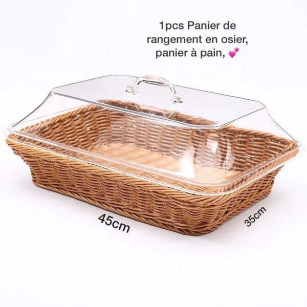 Panier à pain carré en rotin avec couvercle en acrylique
