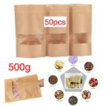 Paquet de 50pcs Sacs alimentaires 500g en papier kraft avec fermeture à glissière, réutilisables, sacs d'emballage alimentaire en papier kraft avec fenêtre transparente