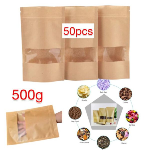 Paquet de 50pcs Sacs alimentaires 500g en papier kraft avec fermeture à glissière, réutilisables, sacs d'emballage alimentaire en papier kraft avec fenêtre transparente