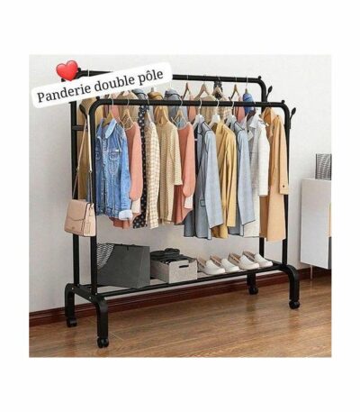 Penderie Pour Habits, Chaussures, Sacs, Porte-Vêtements À Double Pôle, Porte-Manteau Au Sol, Rail À Vêtements Pliant D'Intérieur,4 Crochets Grand Modele