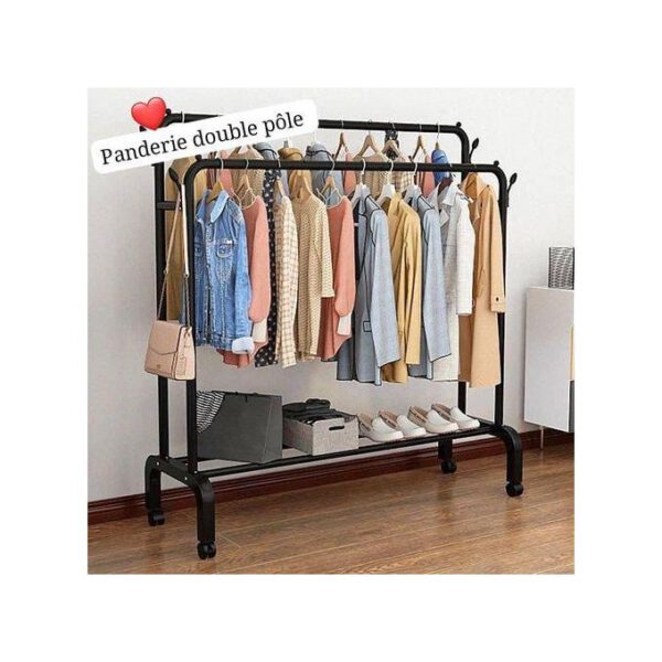 Penderie Pour Habits, Chaussures, Sacs, Porte-Vêtements À Double Pôle, Porte-Manteau Au Sol, Rail À Vêtements Pliant D'Intérieur,4 Crochets Grand Modele