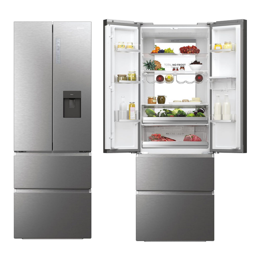 REFRIGERATEUR HAIER SIDE BY SIDE 4PORTERS 477LITRES AVEC FONTAINE GRIS HFW7720EWMP