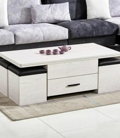 Table Basse Intelligente Multifonction 3 en 1 – Table Bureau + Table à Manger – Avec Rangement et 4 Chaises de rangement - Table ordinateur