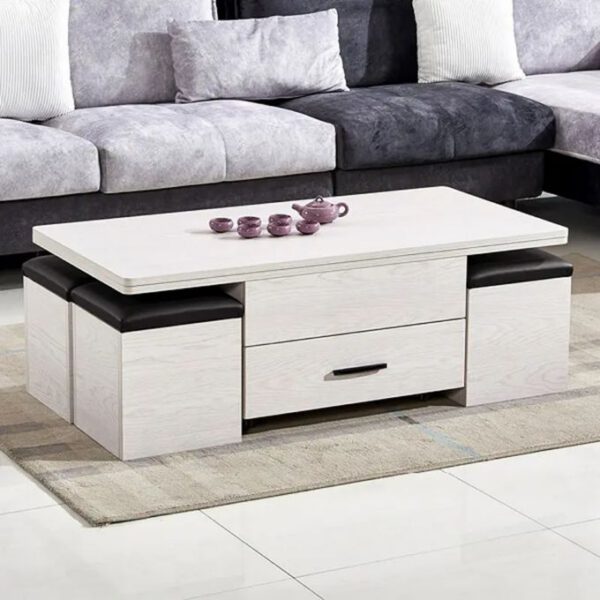 Table Basse Intelligente Multifonction 3 en 1 – Table Bureau + Table à Manger – Avec Rangement et 4 Chaises de rangement - Table ordinateur