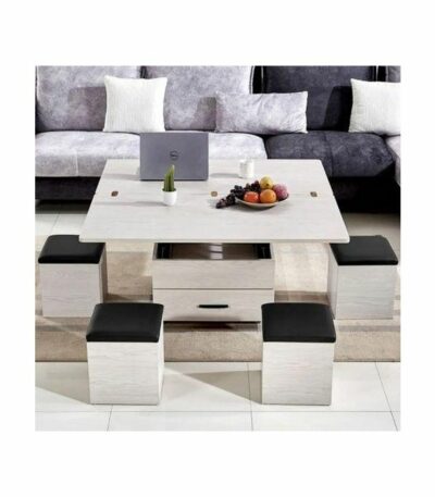 Table Basse Intelligente Multifonction 3 en 1 – Table Bureau + Table à Manger – Avec Rangement et 4 Chaises de rangement - Table ordinateur
