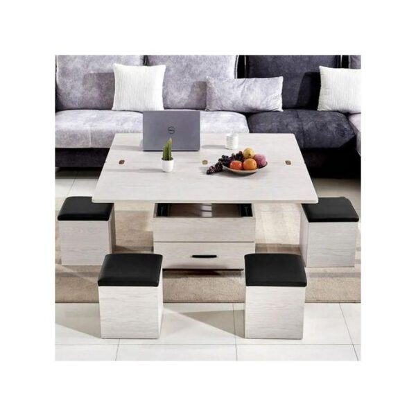 Table Basse Intelligente Multifonction 3 en 1 – Table Bureau + Table à Manger – Avec Rangement et 4 Chaises de rangement - Table ordinateur