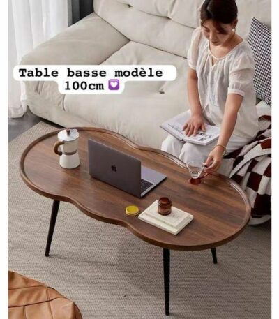 Table basse irrégulière 60 x 38 x 100 cm avec bords surélevés, pieds en métal