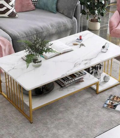 Table basse pour salon avec étagère de rangement en métal robuste et placage de faux marbre - 100 x 50 x 45 cm