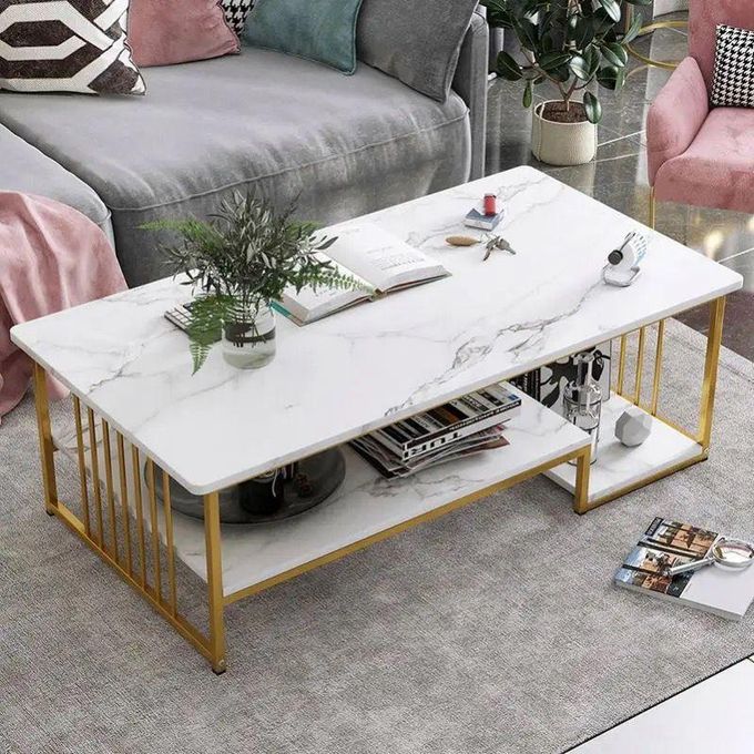 Table basse pour salon avec étagère de rangement en métal robuste et placage de faux marbre - 100 x 50 x 45 cm