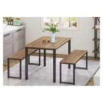 Table de salle à manger avec deux bancs - marron