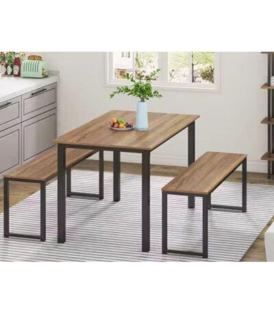 Table de salle à manger avec deux bancs - marron