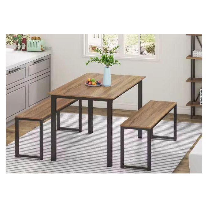Table de salle à manger avec deux bancs - marron