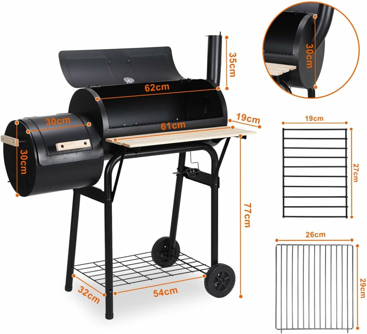 Barbecue Fumoir Charbon | Thermomètre & Cheminée | avec Étagères – Noir - Lenox Dakar Sénégal